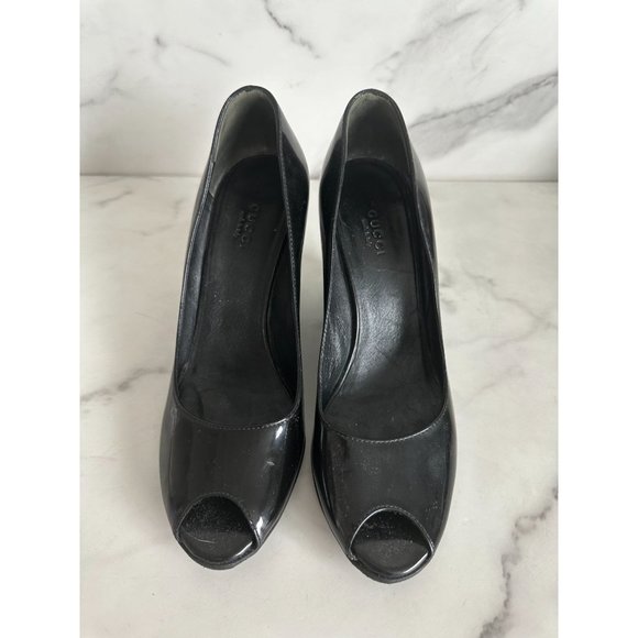 GUCCI Black Patent Leather Peeptoe Wedges Size 37.5/7.5 - Picture 3 of 7